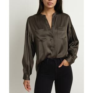 FLANNEL America Silk Satin Quiet Luxury Capsule Silk Minimalist Olive Blouse 0